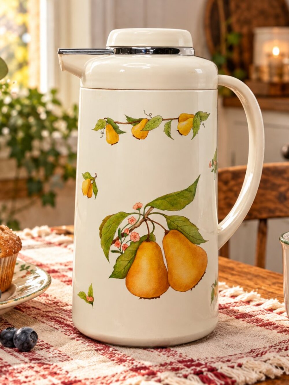 Vintage Pear Fruit Coffee Carafe Thermal Server 10.5” Cream Floral Kitchen Décor
